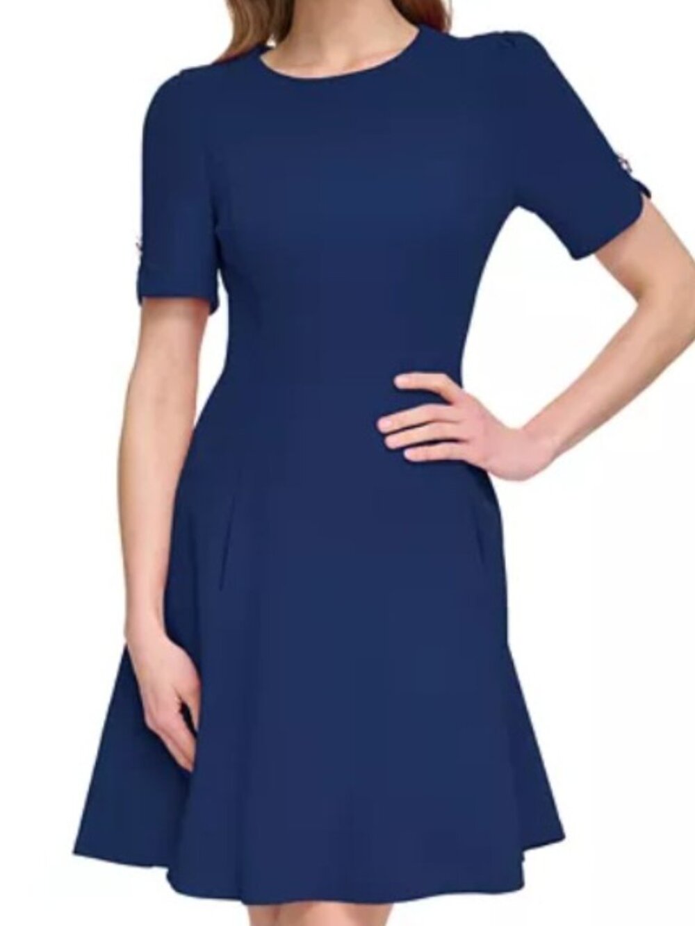 NWT DKNY Blue Scuba Button Detail Short Sleeve Fit & Flare Dress Size 4 (NOTE)
